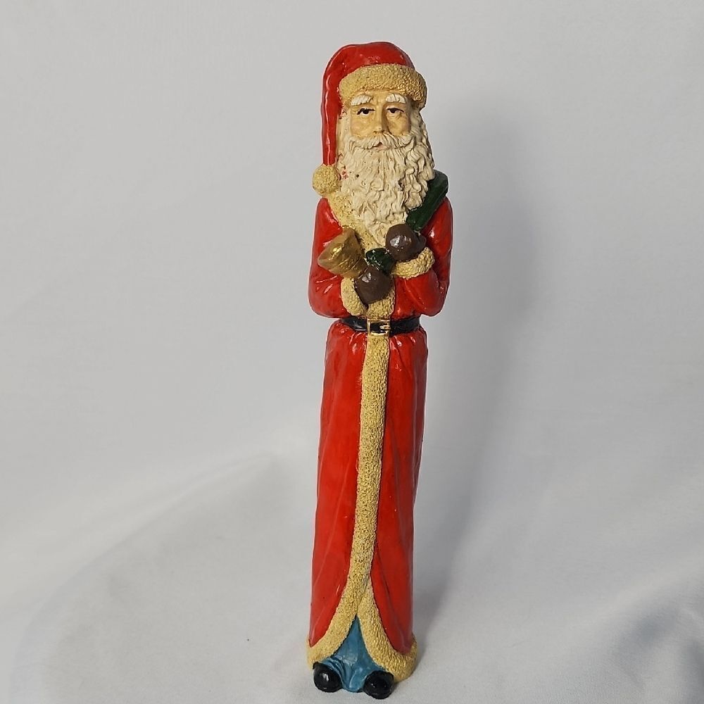 Vintage Weighted Resin Tall Santa Holding Pack & Gold Bell Old World